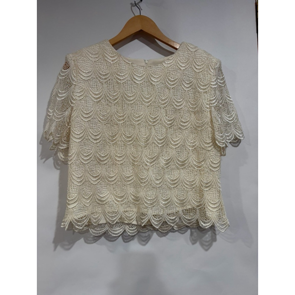 Vintage SL Fashions Ivory Lace Blouse Scallop Overlay Wedding Cottagecore 14